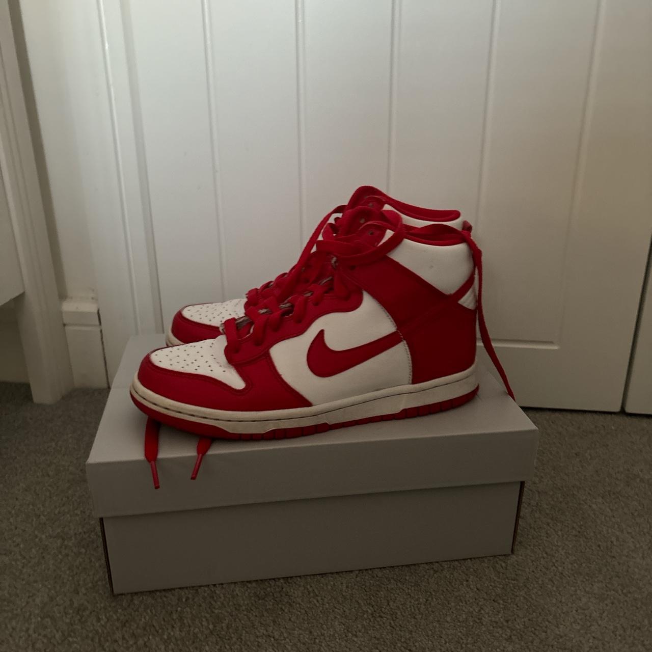 red Nike dunks high top . Good condition . Loved these - Depop