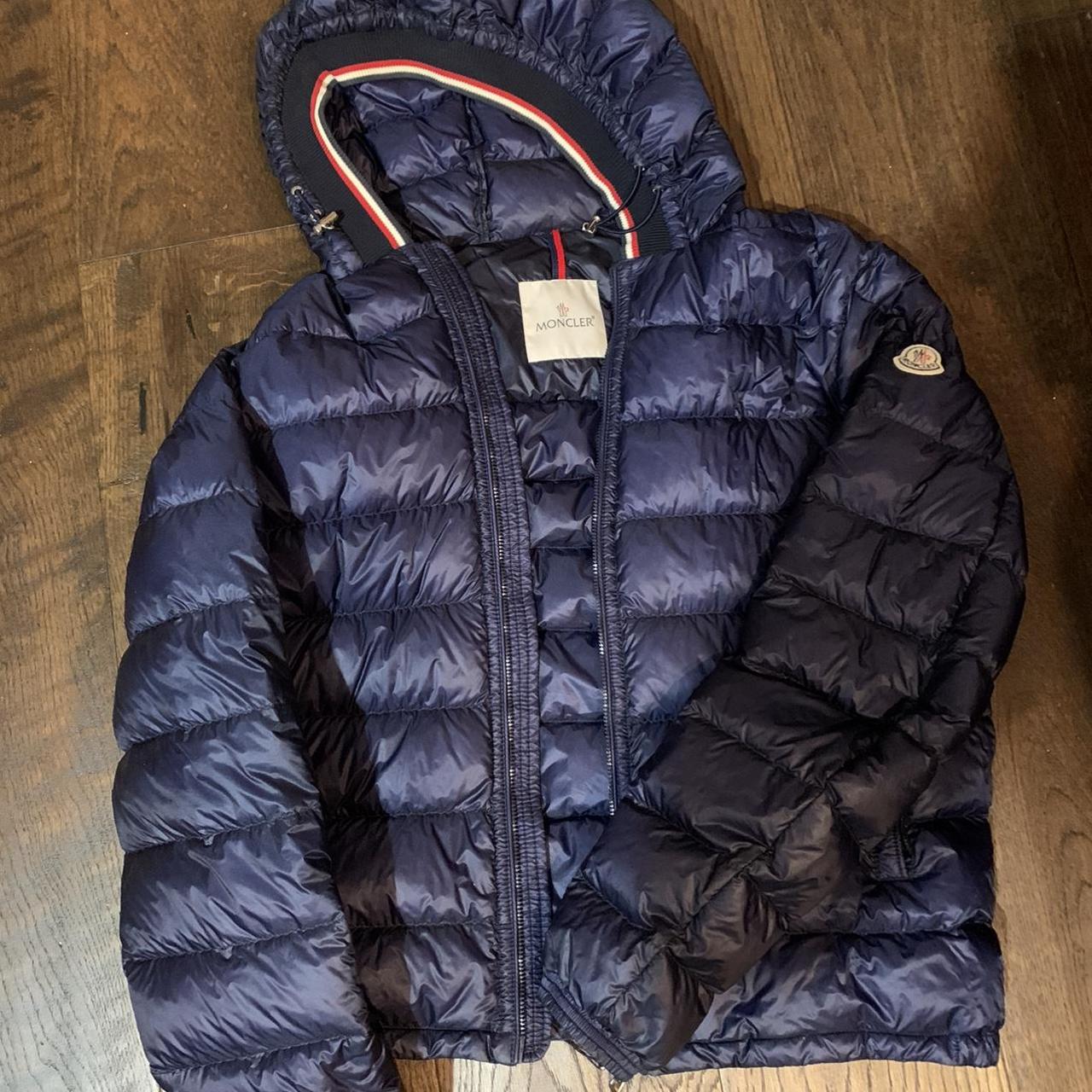 Beautiful moncler navy down jacket with great red... - Depop