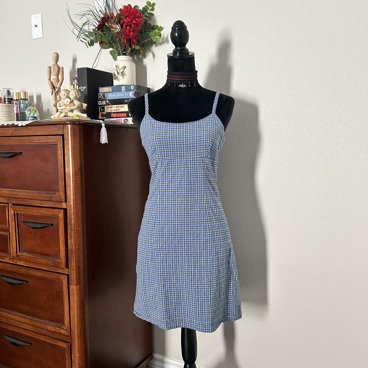 Blue and green plaid dress with spaghetti... - Depop