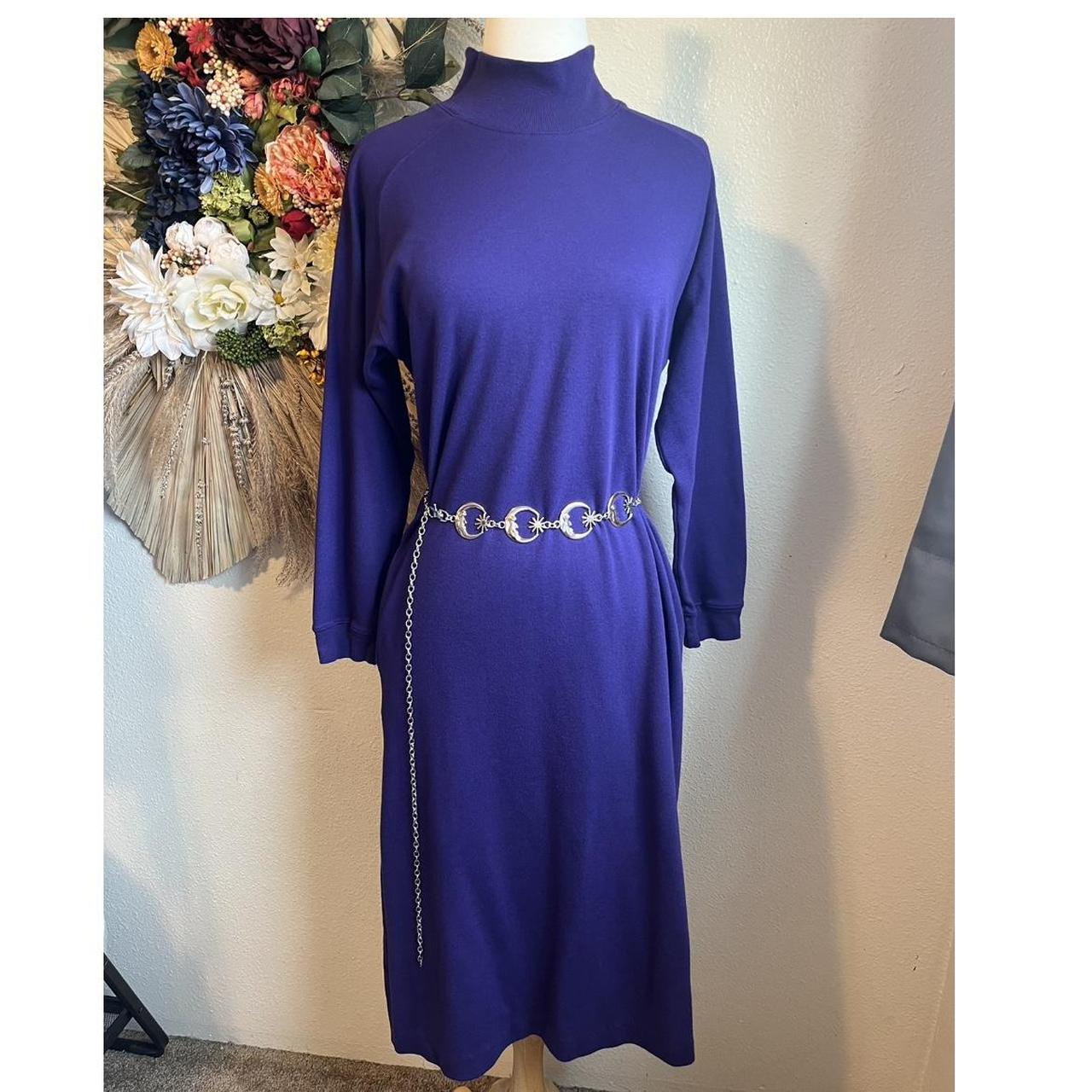 Vintage 80s L.L Bean Purple Mock Neck Cotton Midi... - Depop