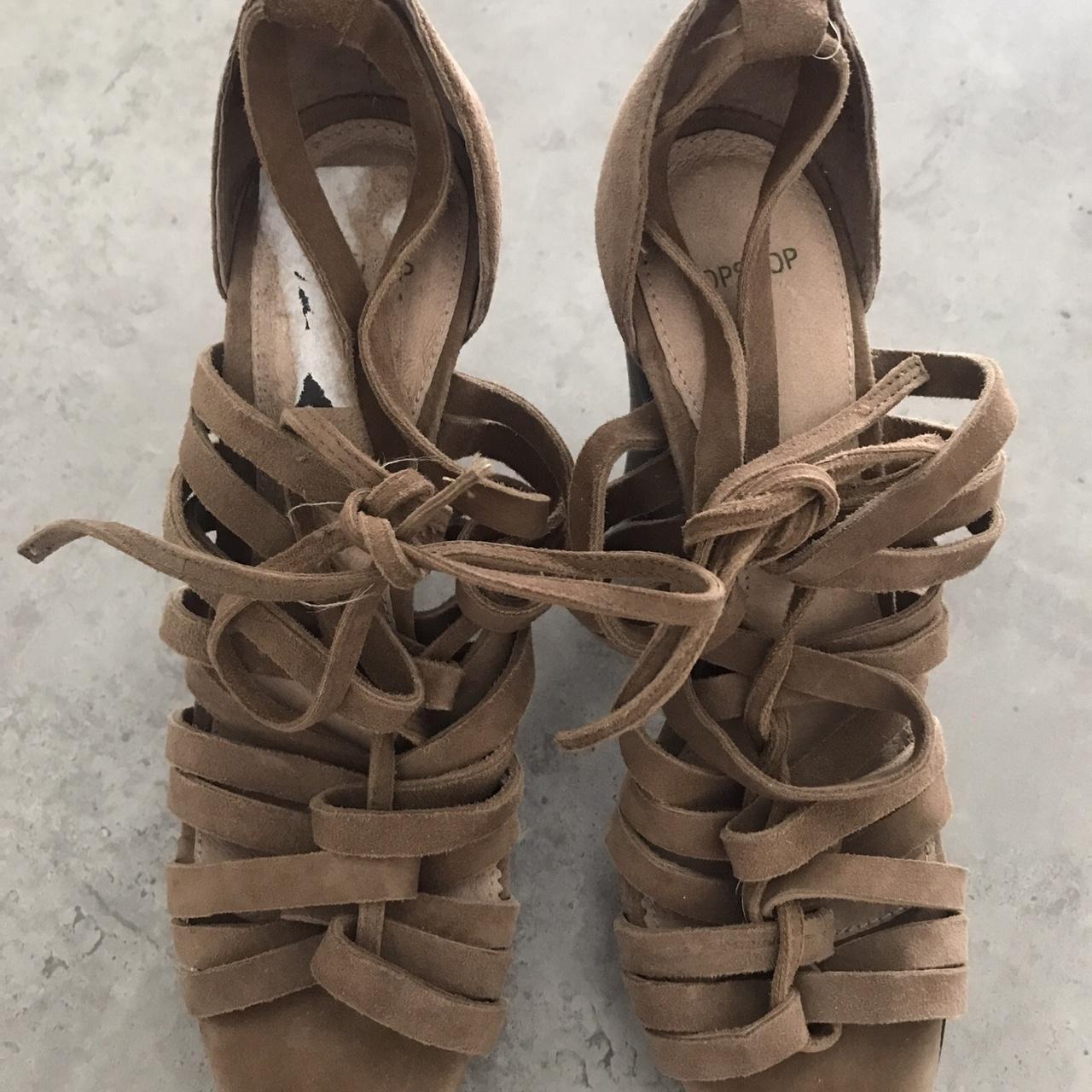 Pretty tan heeled strapped suede shoes the heel... - Depop