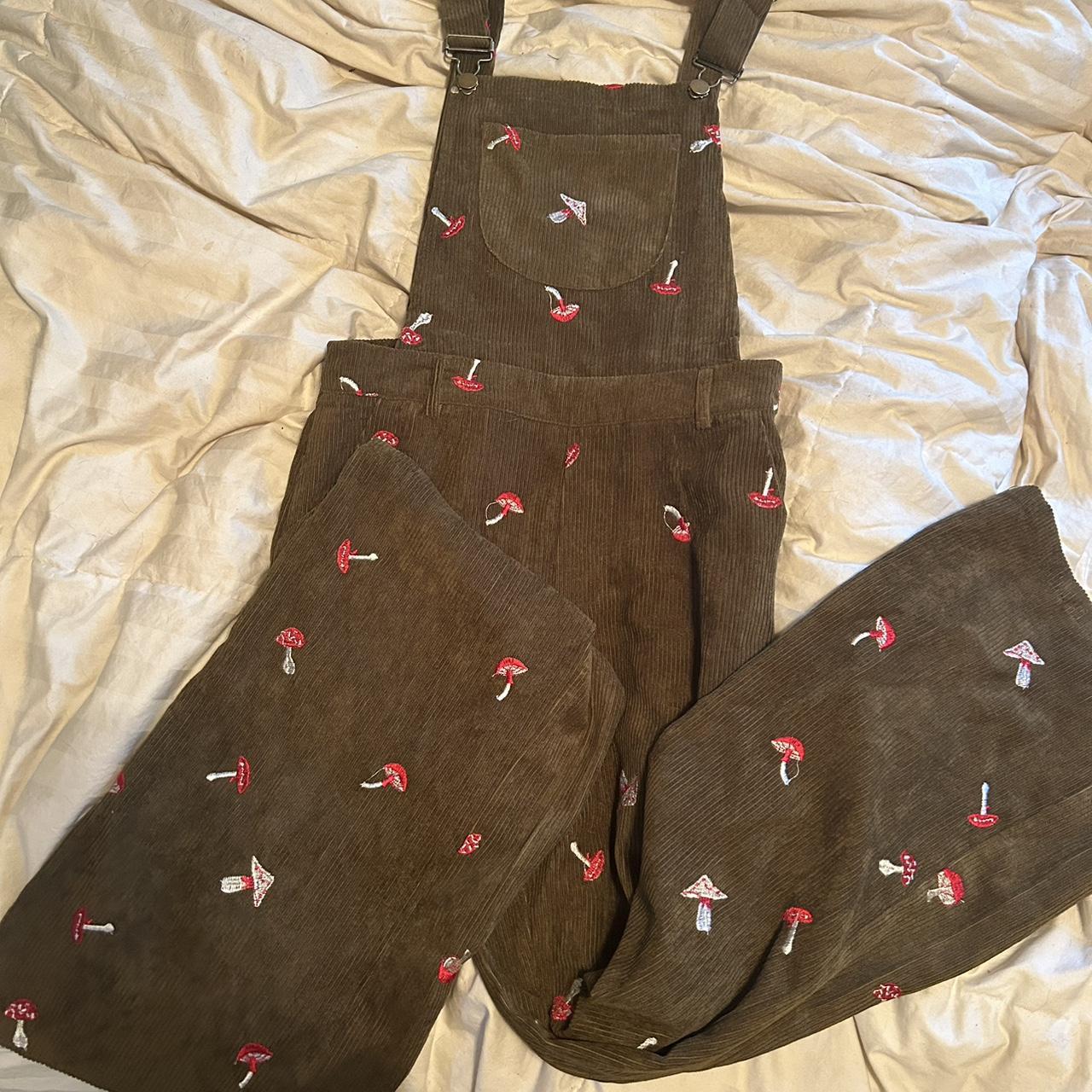 Cider Women's Khaki and Red Dungareesoveralls Depop