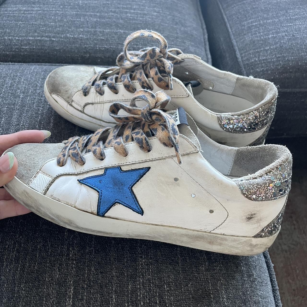 Golden Goose Women's White and Blue Trainers | Depop