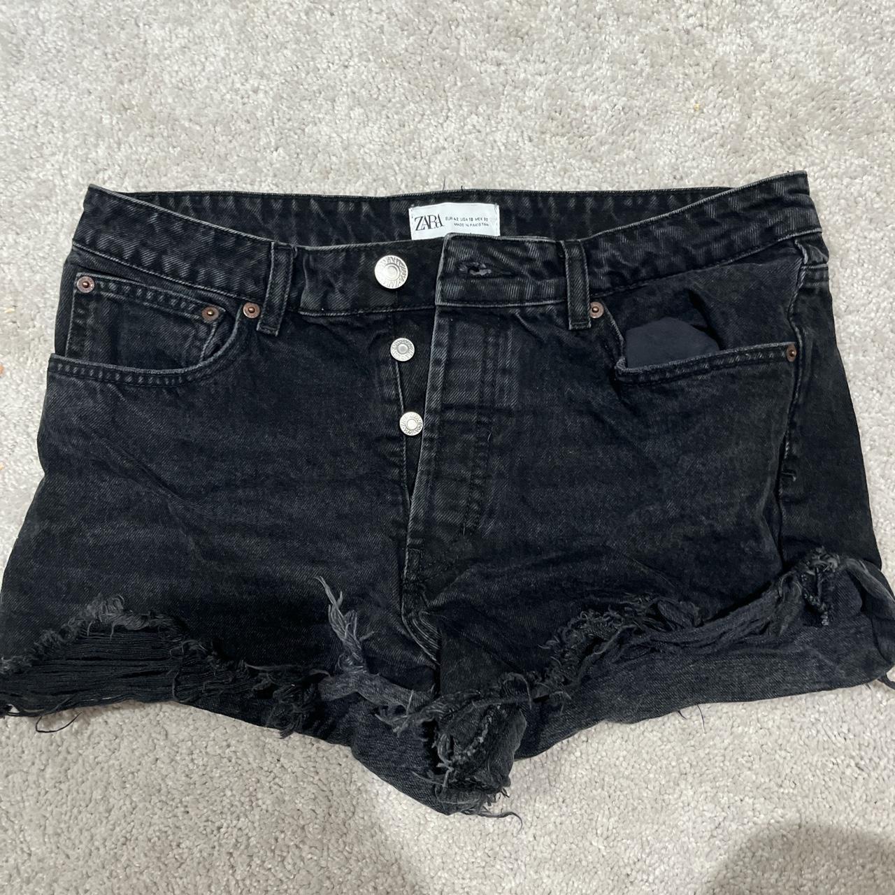 Zara distressed black denim shorts in size 10.... - Depop