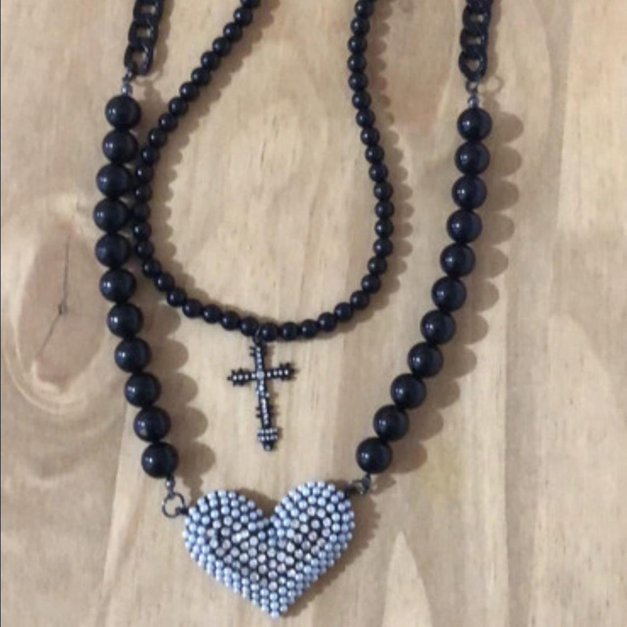 Black colour Heart cross beaded necklace pendant... Depop