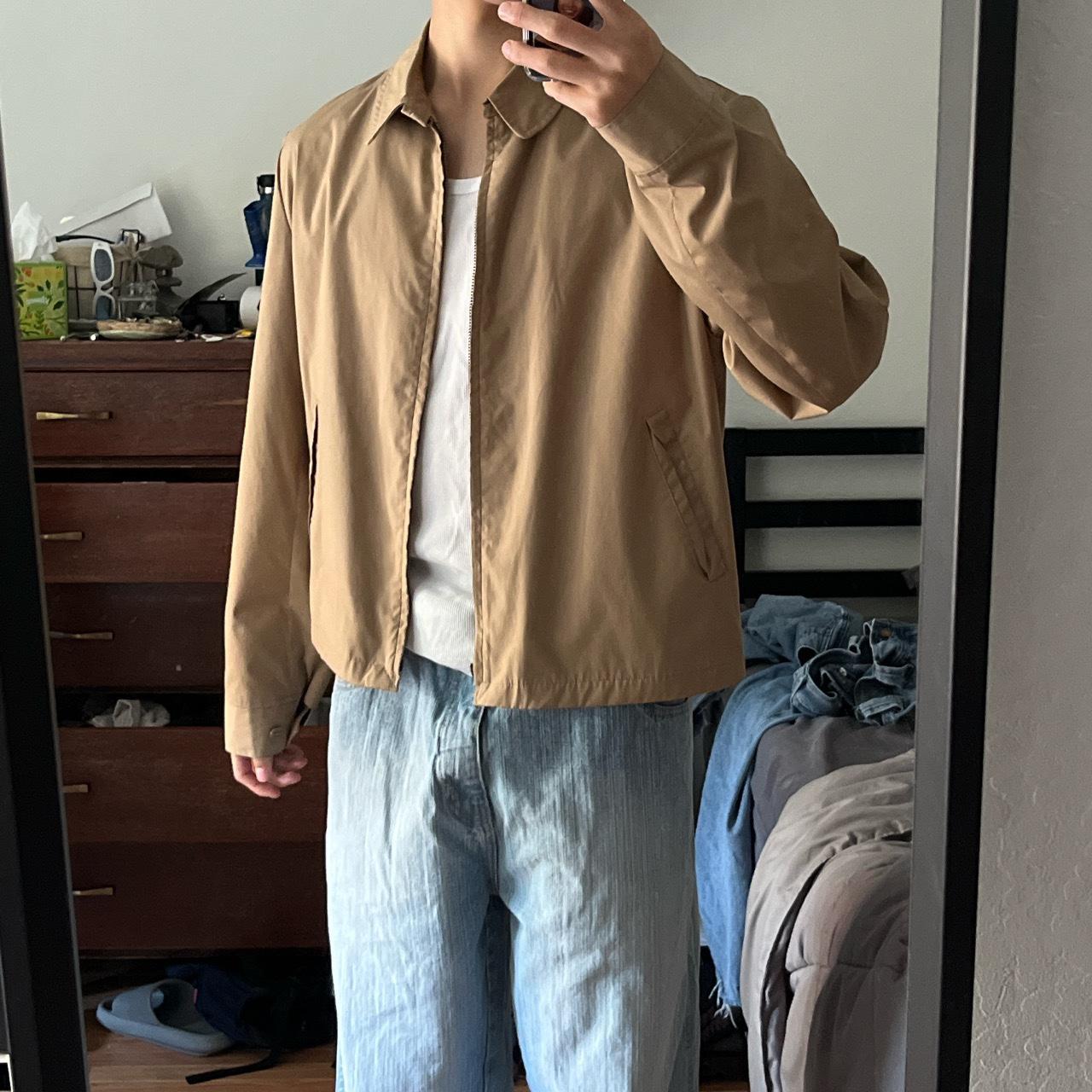 vintage 80s work jacket beige color, no size but... - Depop