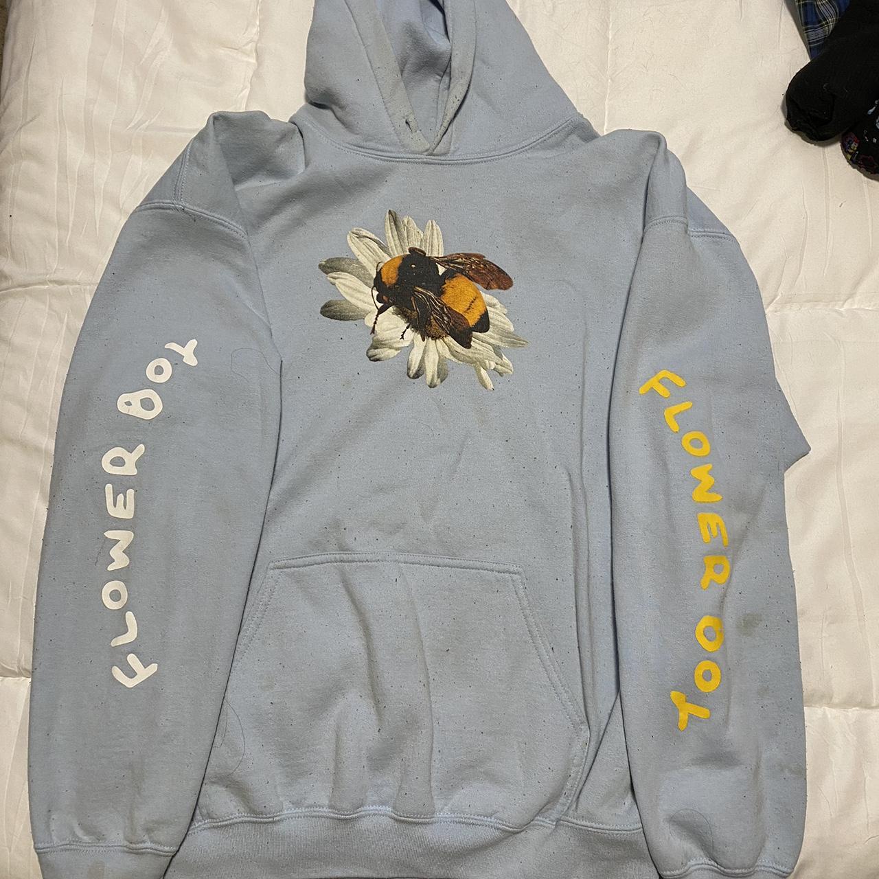 Pale blue FLOWER BOY hoodie with bee graphic on the - Depop