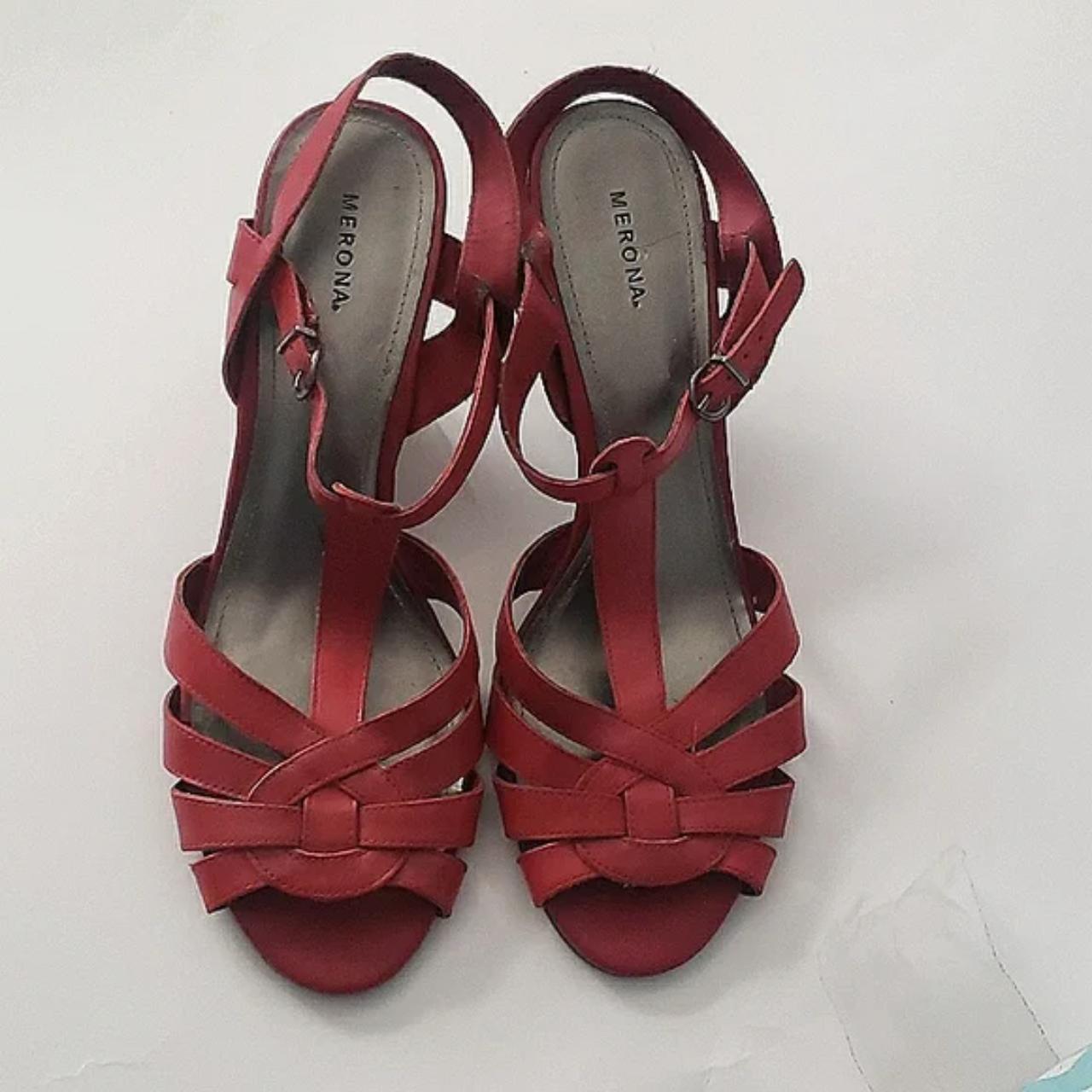Merona Red Strappy Wedge Sandals Strappy buckle... - Depop