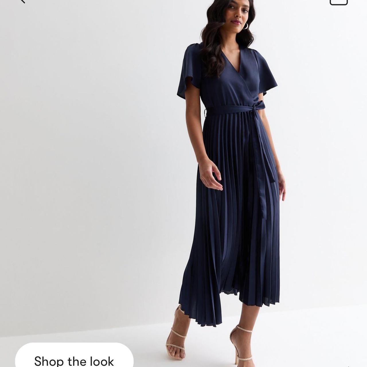 New Look navy satin wrap pleated midi dress. Faux... | Depop