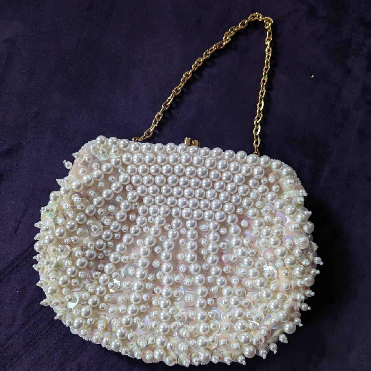 La Regale White Satin Pearl Beaded Clutch Purse