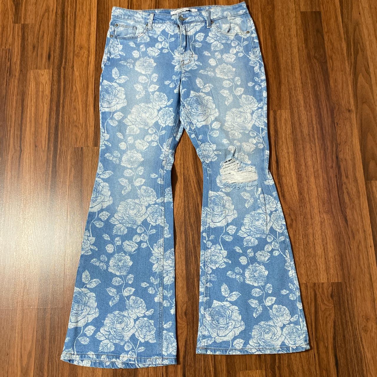 Kanye West Floral Print Denim Jeans Street Wear Colorblocked Slim Straight  Jeans for Men and Women Vintage Washed Denim Pant