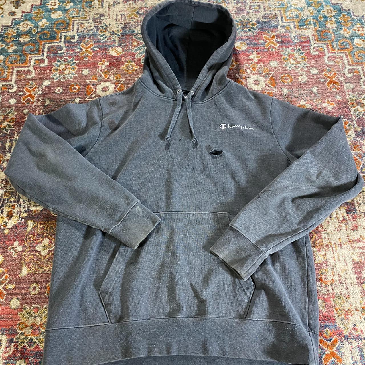 vintage champion dark grey hoodie size large faded... - Depop