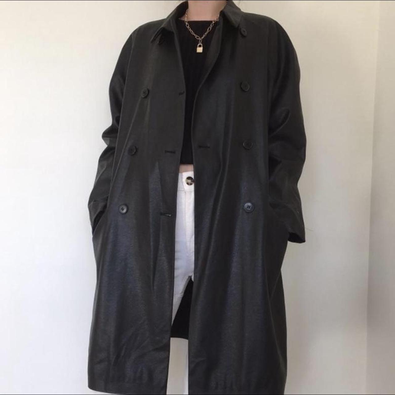 Vintage black leather trench coat. Pockets on sides.... - Depop