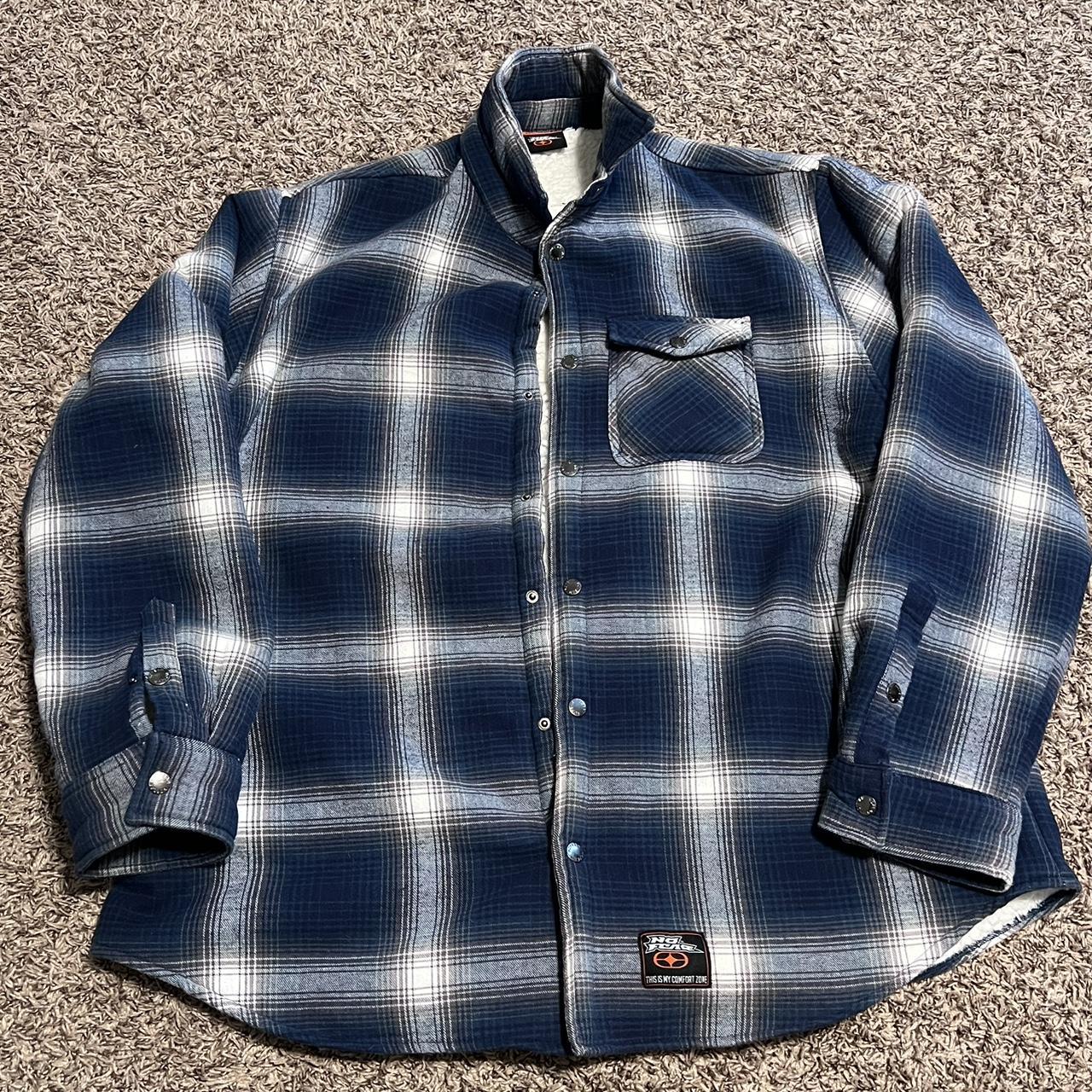 VINTAGE 90S No Fear Plaid BLUE WHITE Fleece Flannel... - Depop