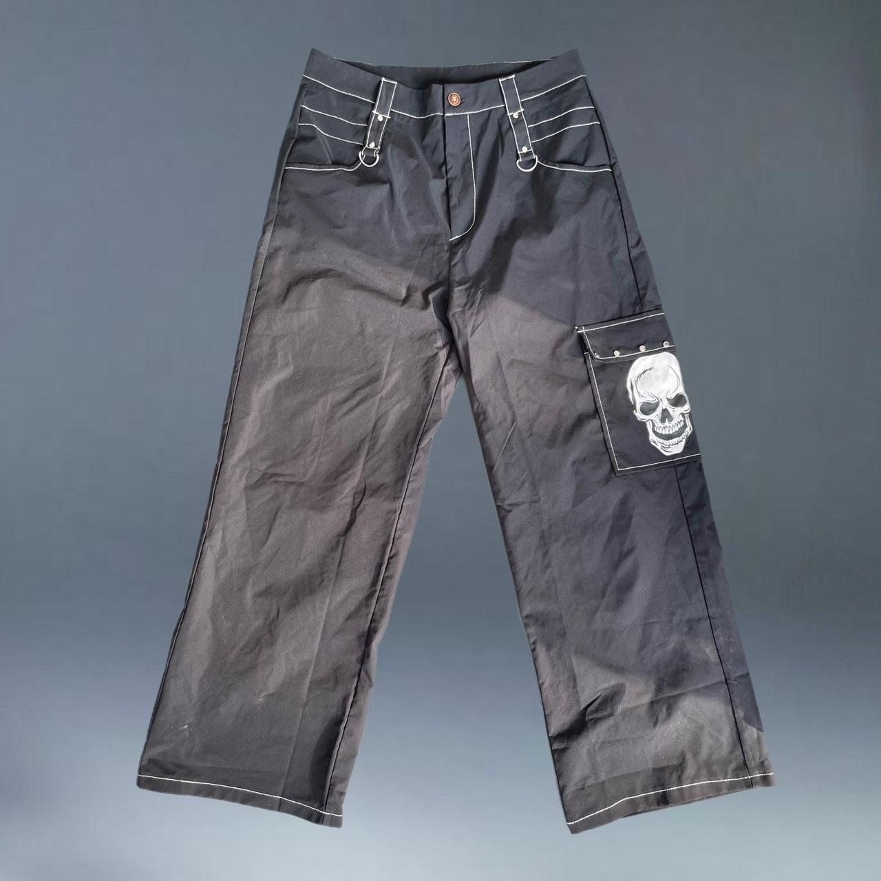 black goth d ring white contrast stitch rave cargo... - Depop