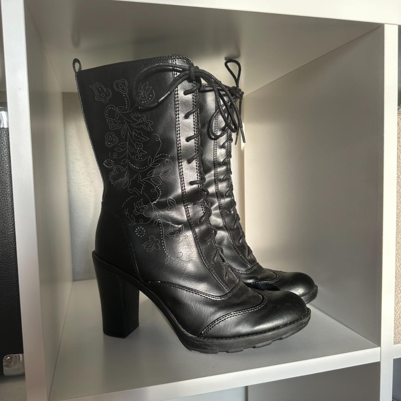 Early 2000's Y2k Lace Up Black Boots With Floral... - Depop