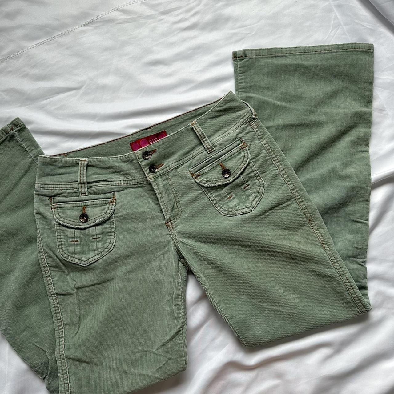 Green low-rise corduroy y2k Glo brand flare pants... - Depop