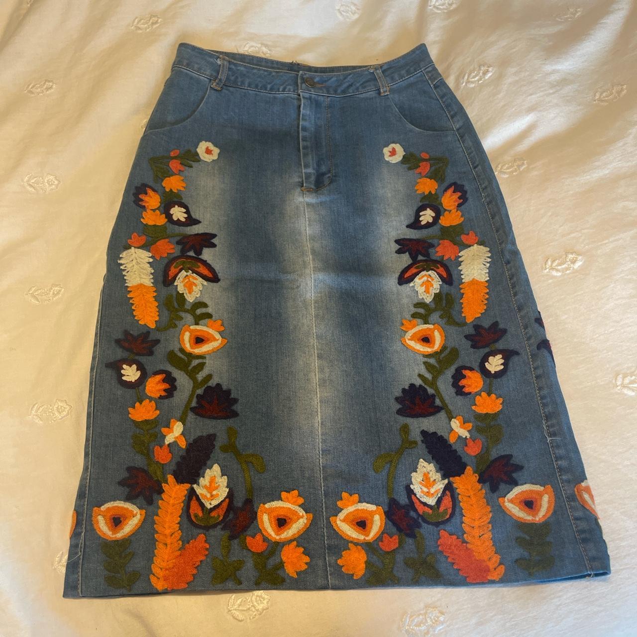 Never Worn Flower Embroidered Denim Midi Skirt No Depop