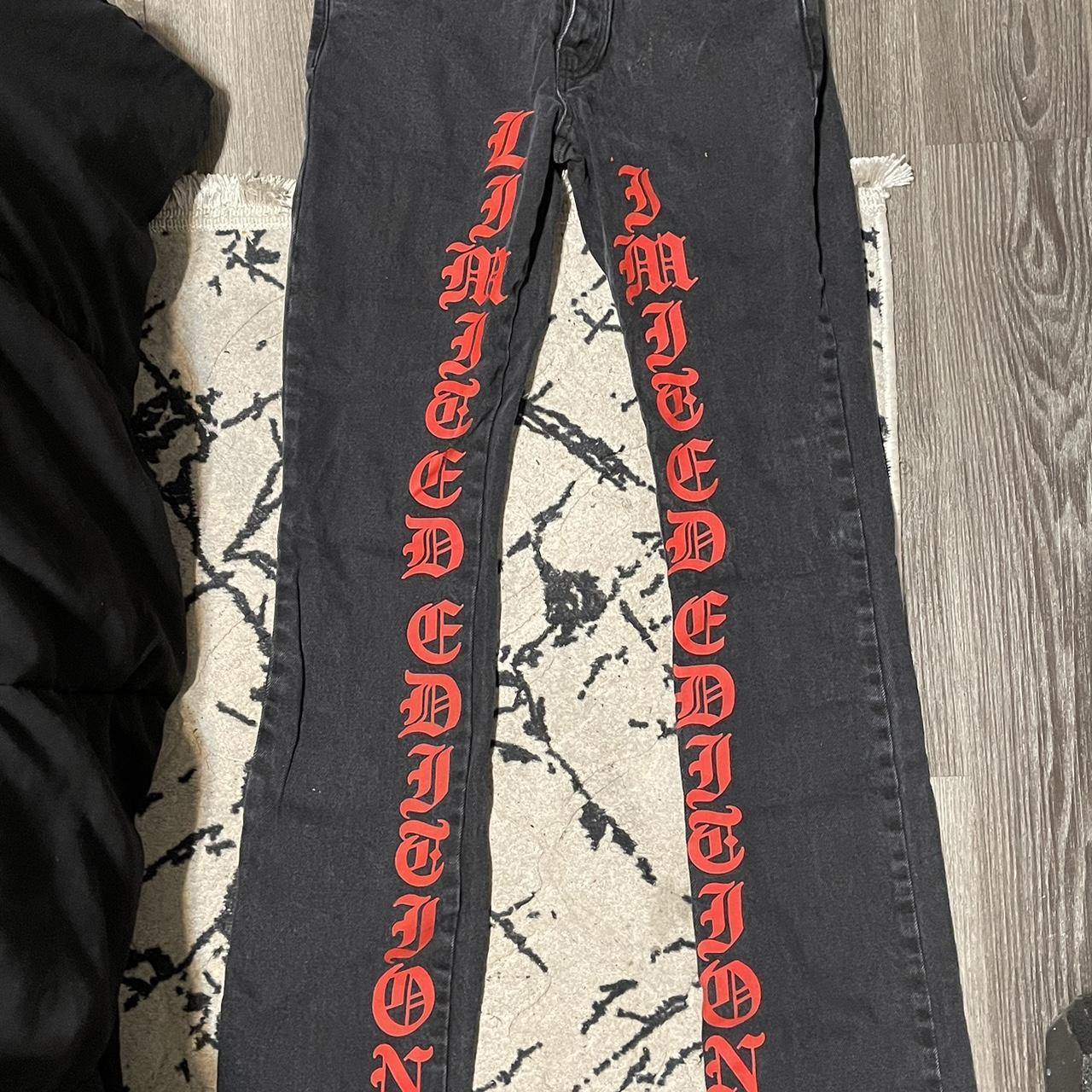 Black Stacked Jeans Boohooman Red lettering Depop