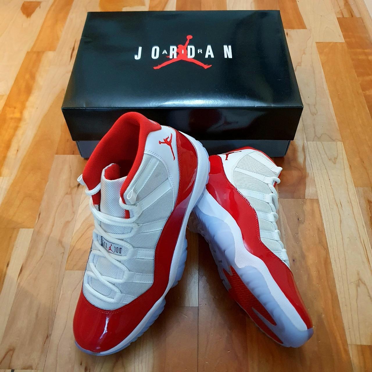 Jordan Men's White and Red Trainers | Depop