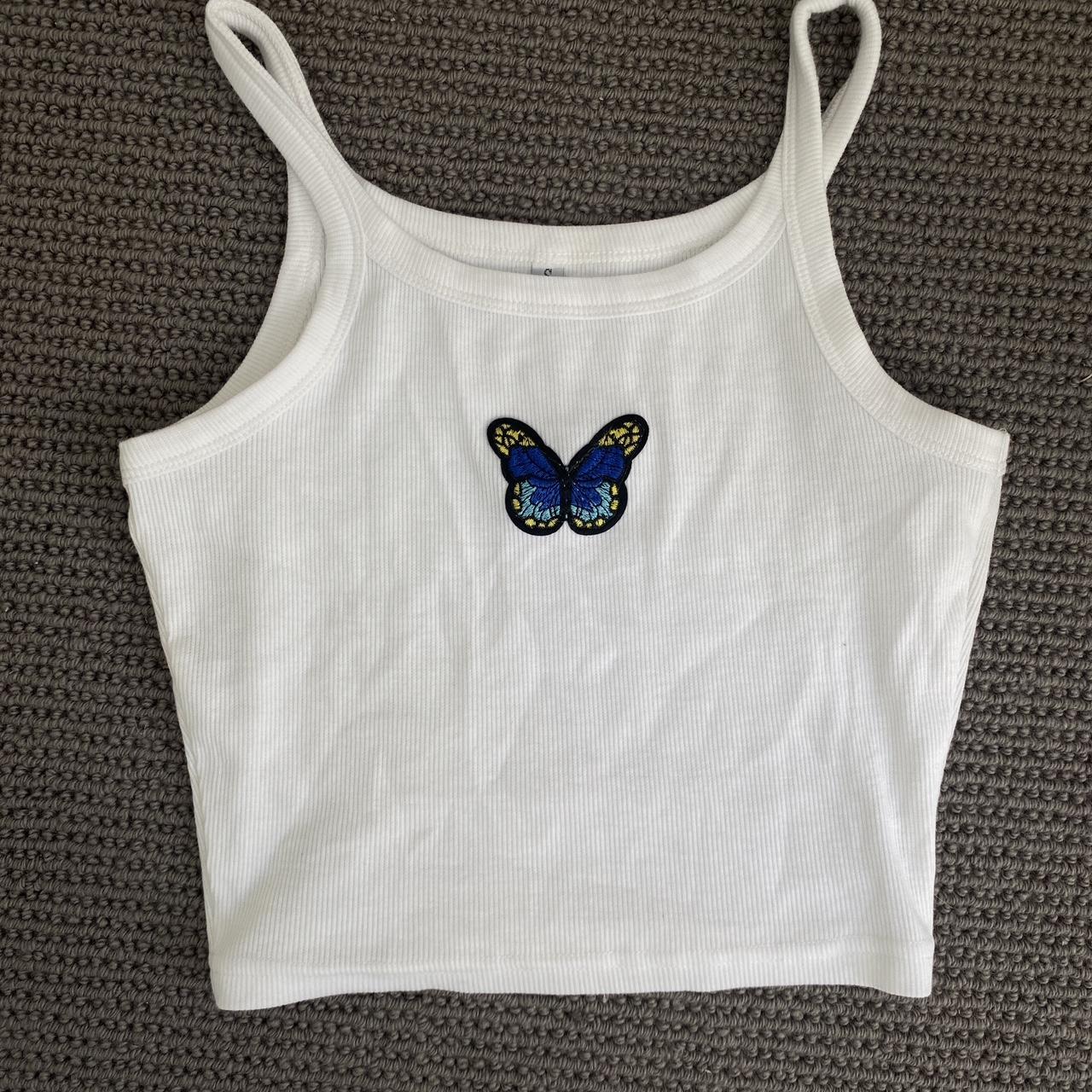 Embroidered butterfly patch ribbed tank top. Racer... - Depop