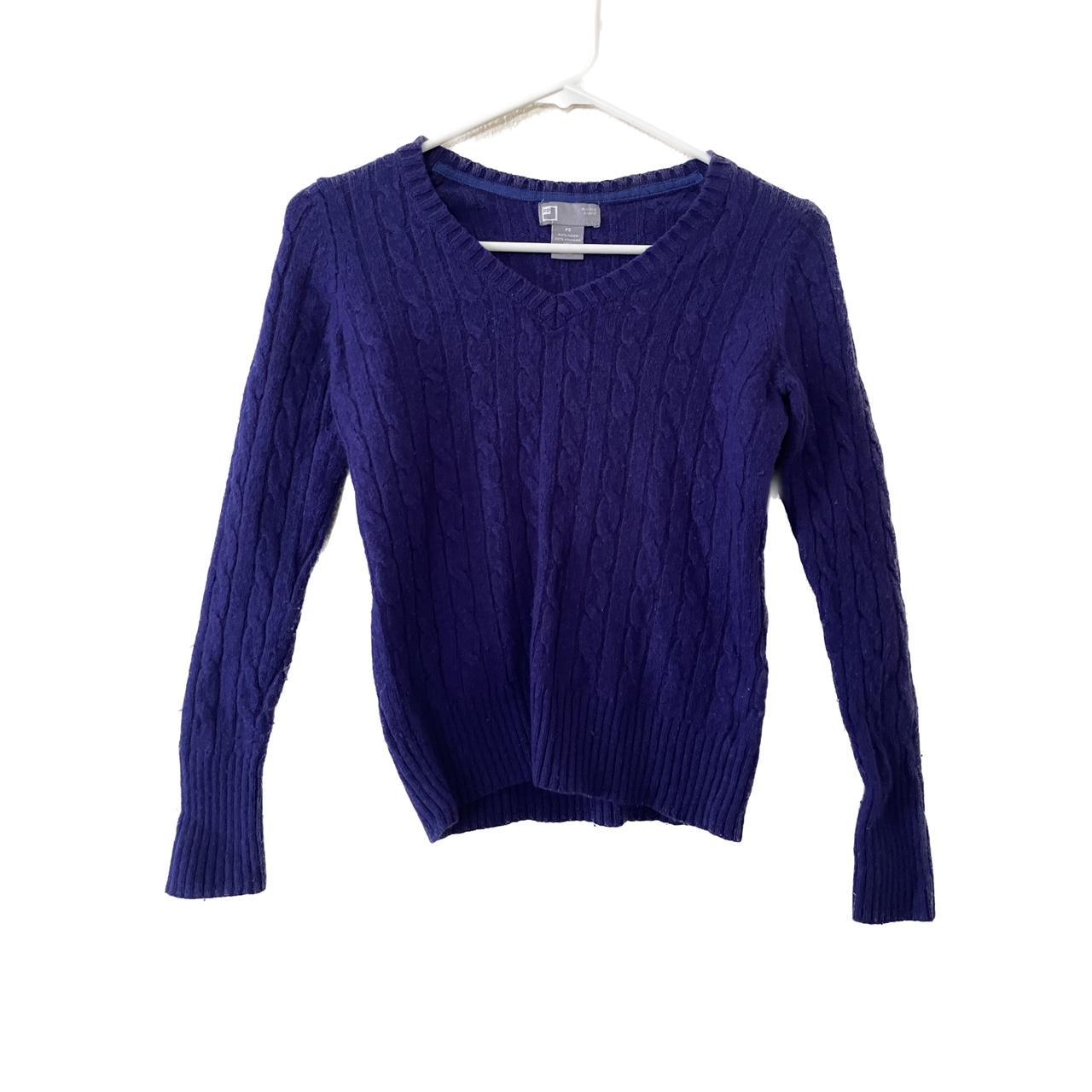 merino wool blend cable knit v neck blue / navy /... - Depop