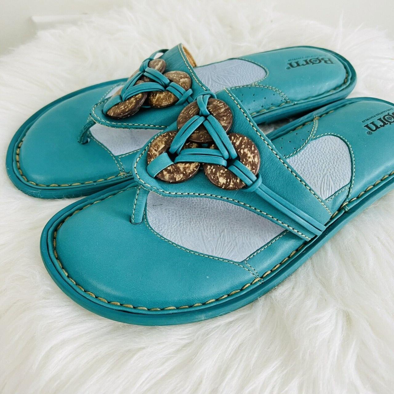 Born Blue Turquoise Leather Wooden Beaded Flip Flop... - Depop