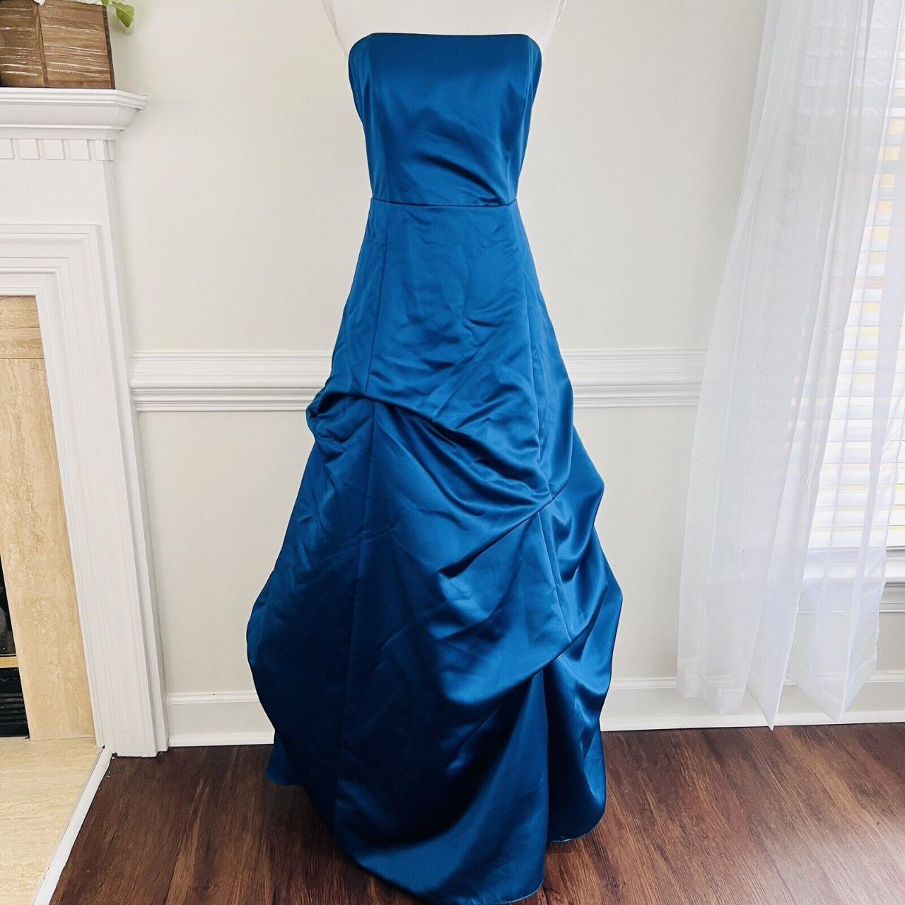 David's Bridal Blue Satin Gathered Strapless Long... Depop