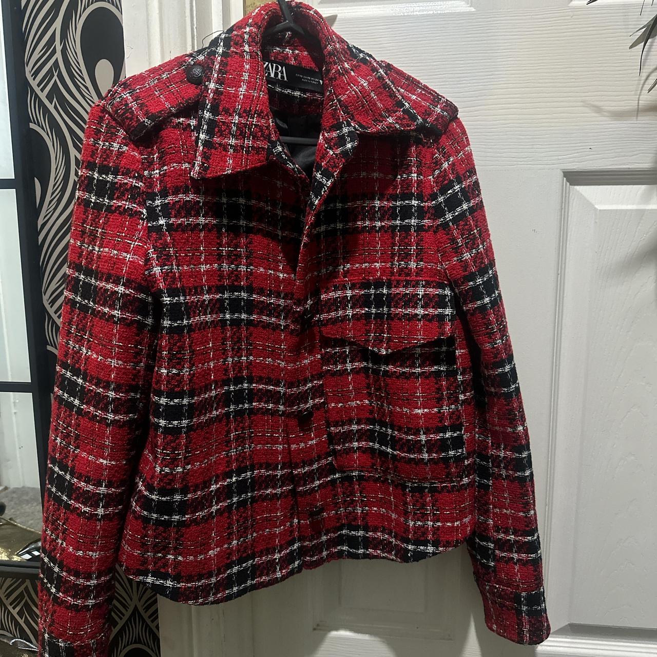 Red tartan plaid crop jacket blazer Zara XS