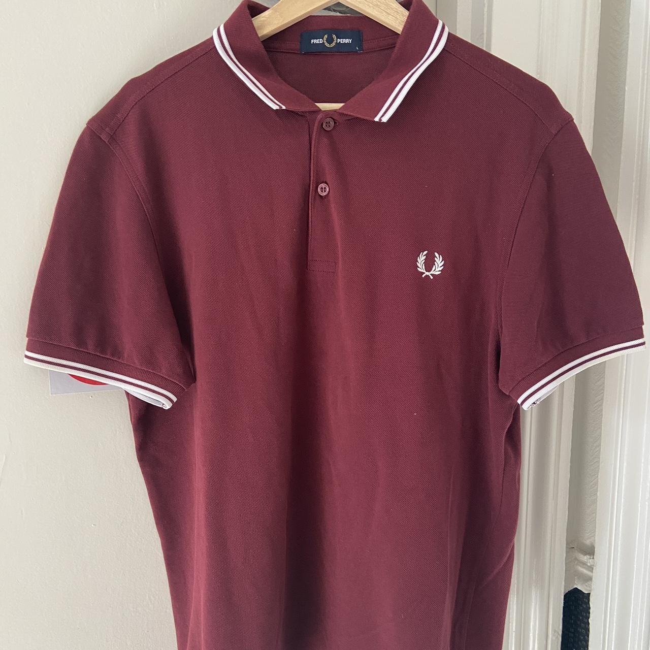 Fred Perry Men's Burgundy and White Polo-shirts | Depop