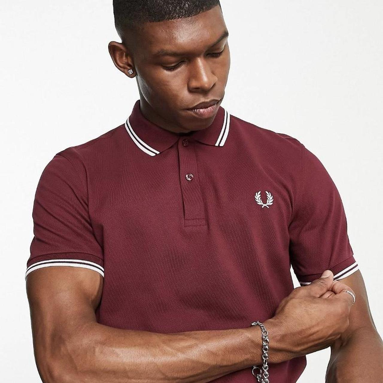 Fred Perry Men's Burgundy and White Polo-shirts | Depop