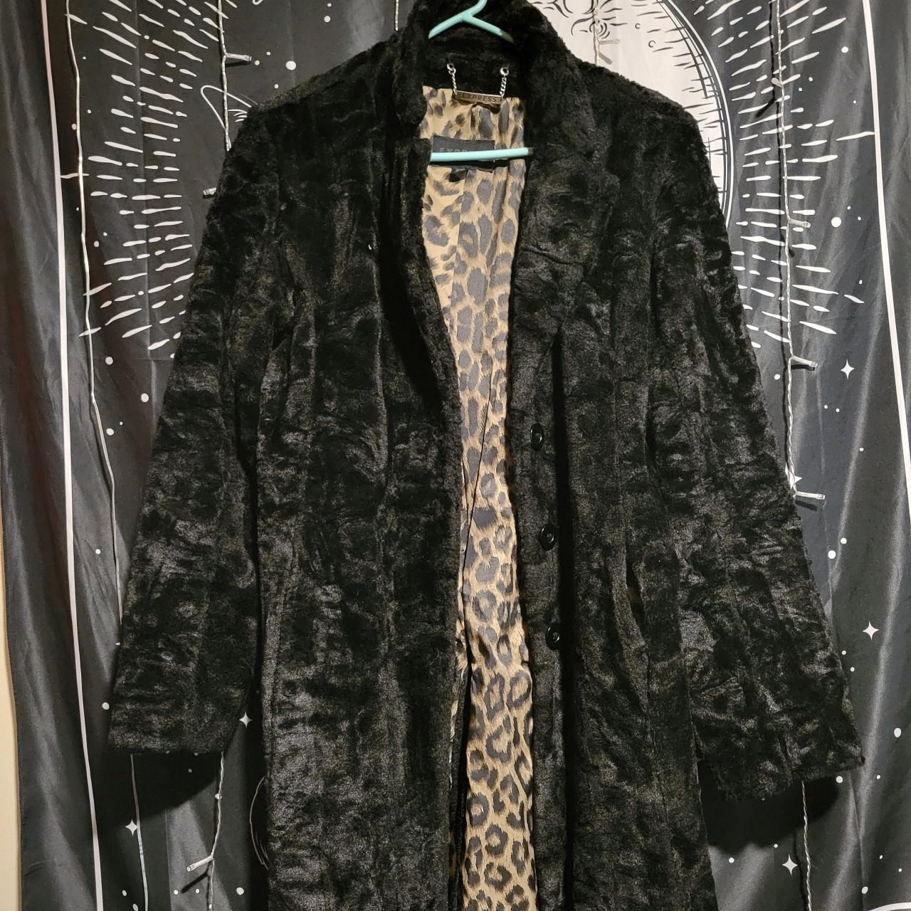Vintage Express black velvet coat with leopard print... - Depop