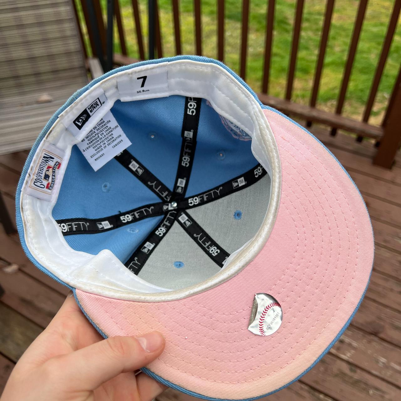 New Era Men's Pink and Blue Hat Depop