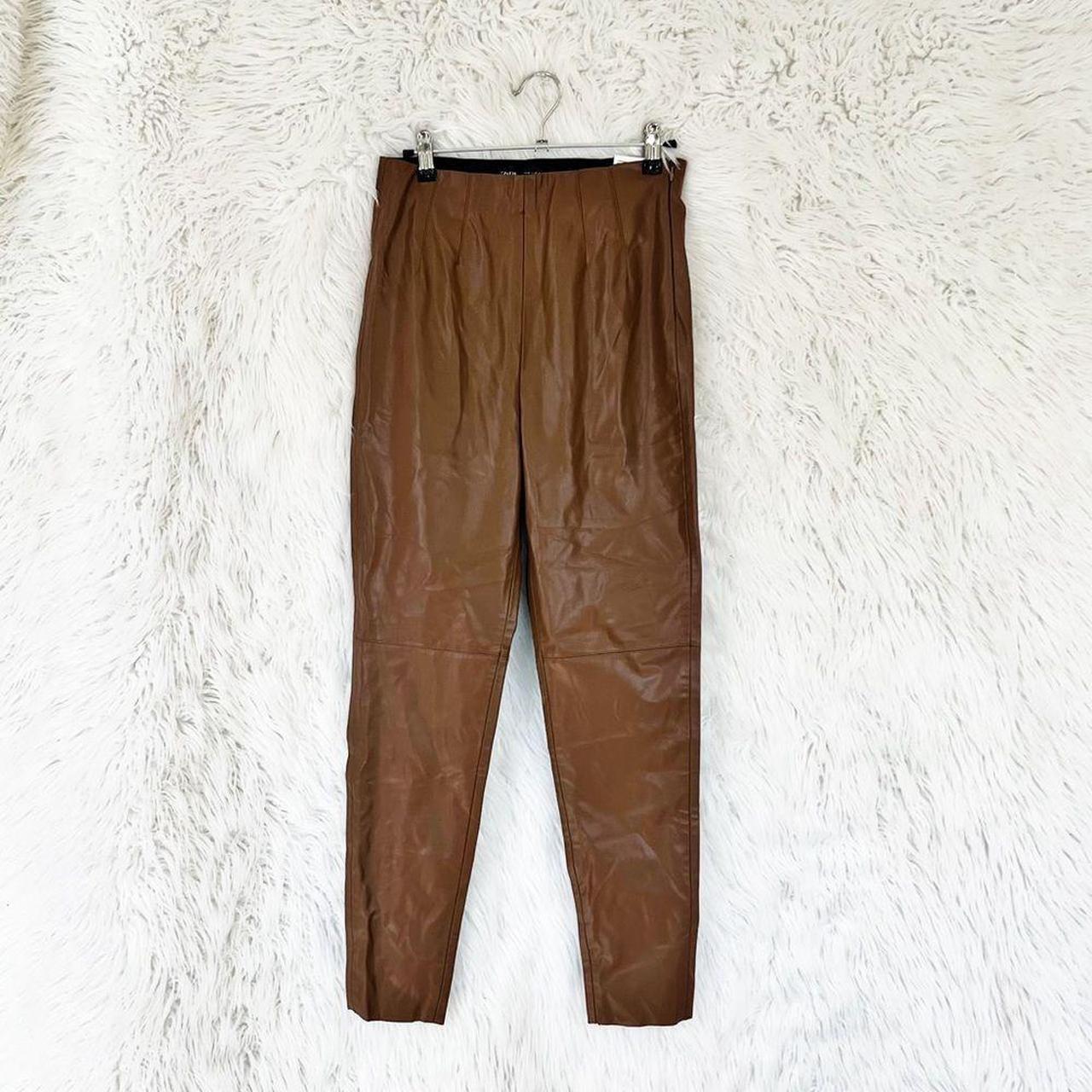 Zara Braun Khaki Suede Faux Leather Trousers Leggings Brown Suede Trousers  Pants