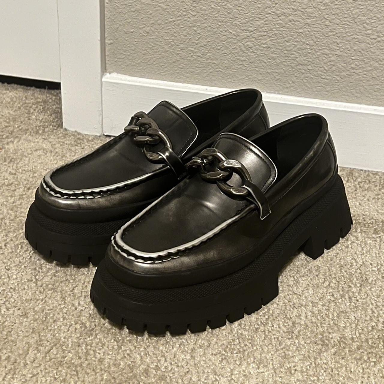 Silver faux leather chunky loafers, worn Depop