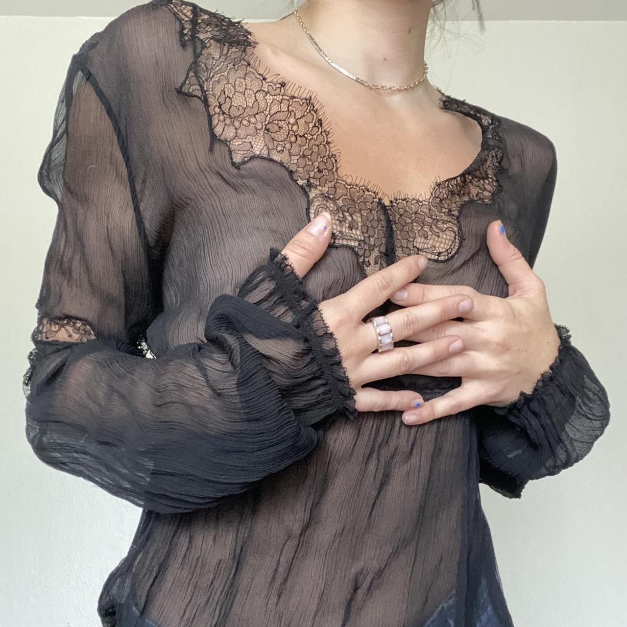 Sheer Lace See Through Long Sleeve Black Blouse Depop