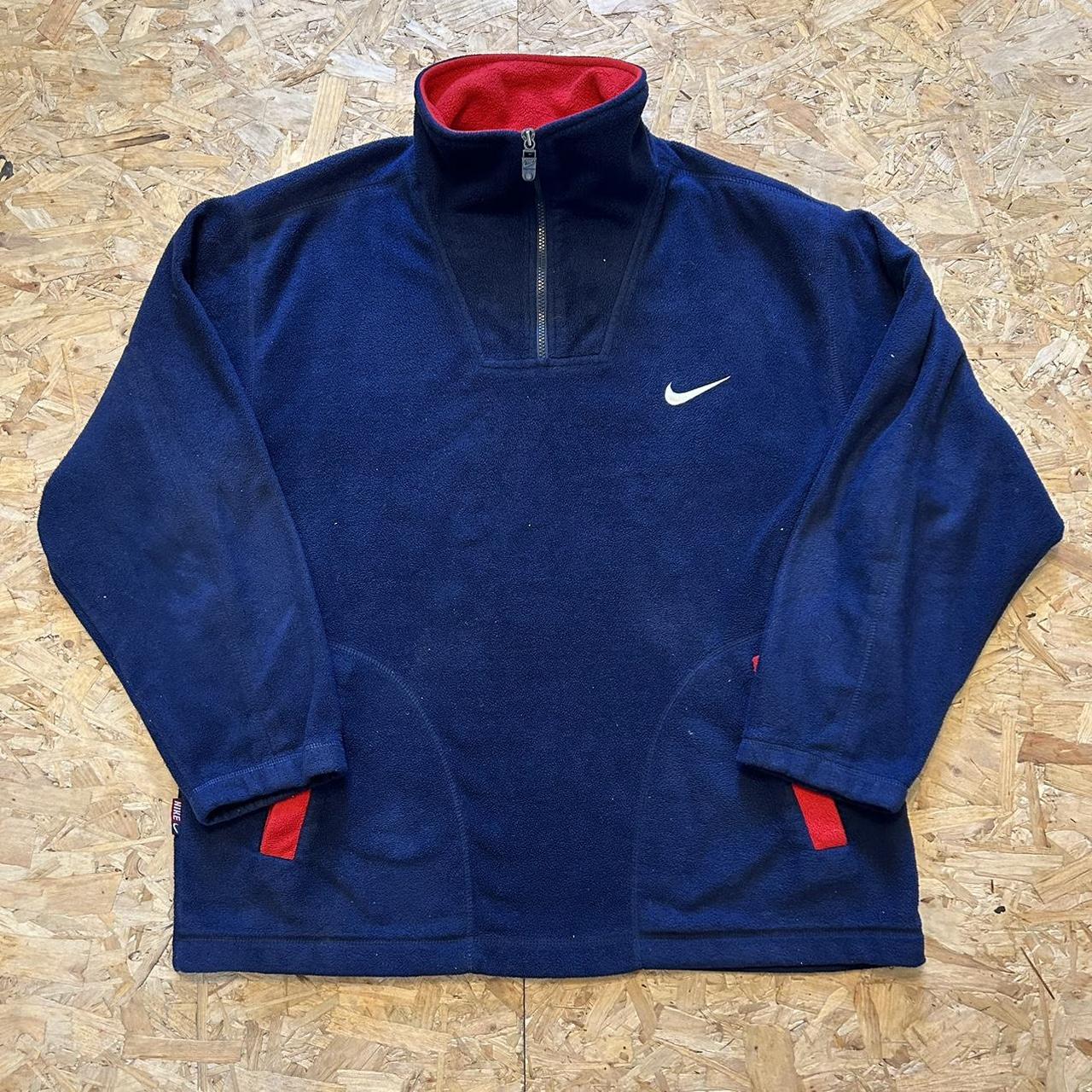 Vintage Navy and Red 90s Nike Fleece Jacket | Small... - Depop