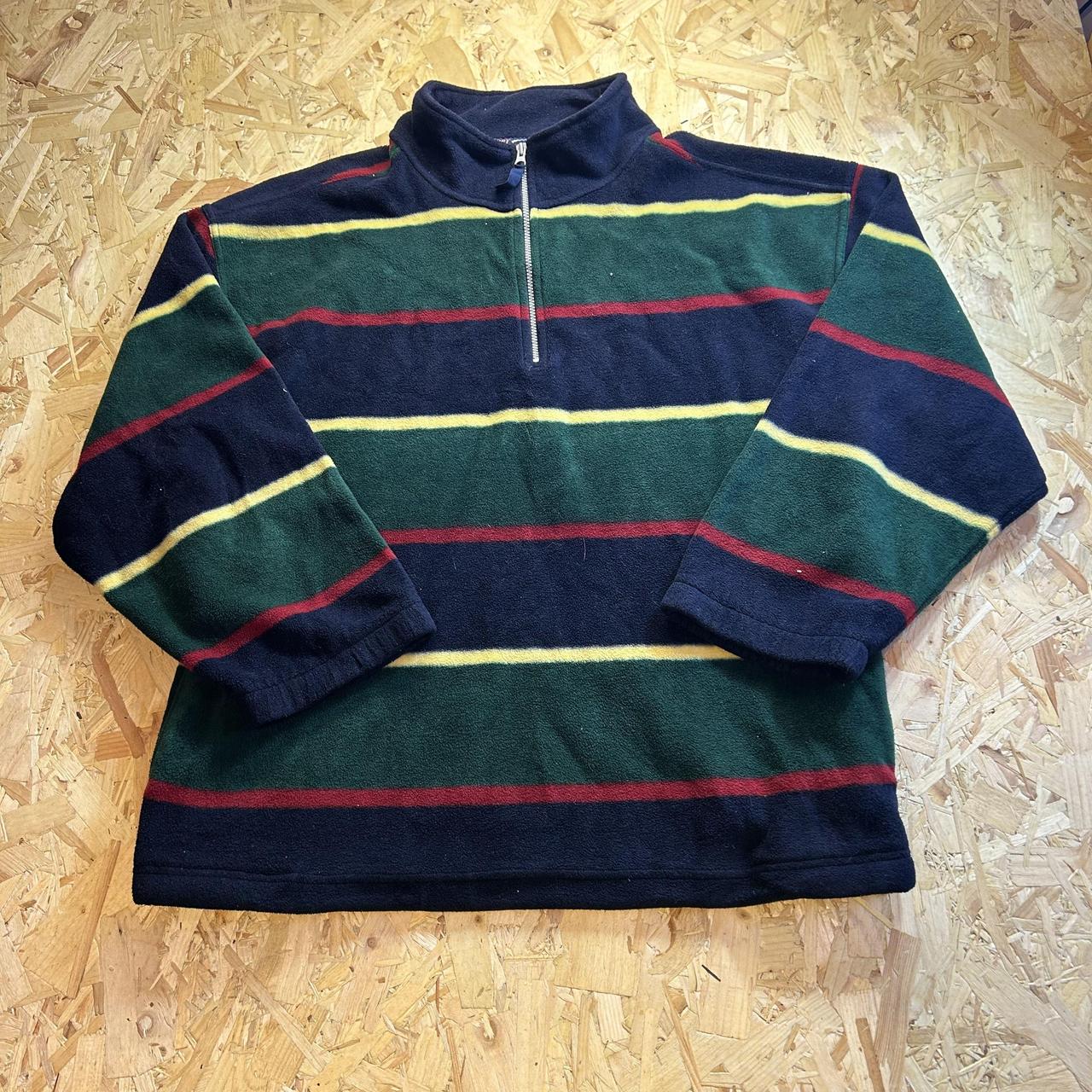 Vintage 1/4 Zip Navy and Blue Stripped Fleece Jumper... - Depop