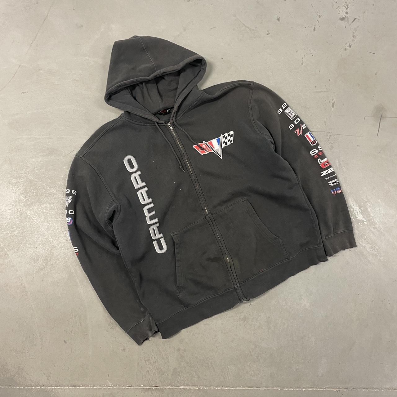 y2k sunfaded zip up Camaro hoodie black grey. Depop