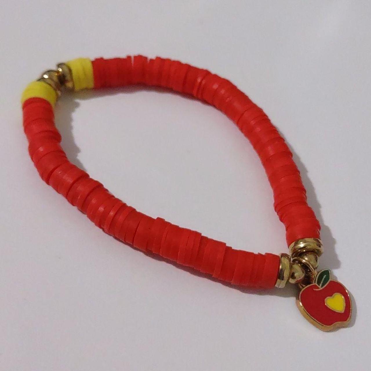 Women's Red and Yellow Clay Beads with Apple Charm - Depop