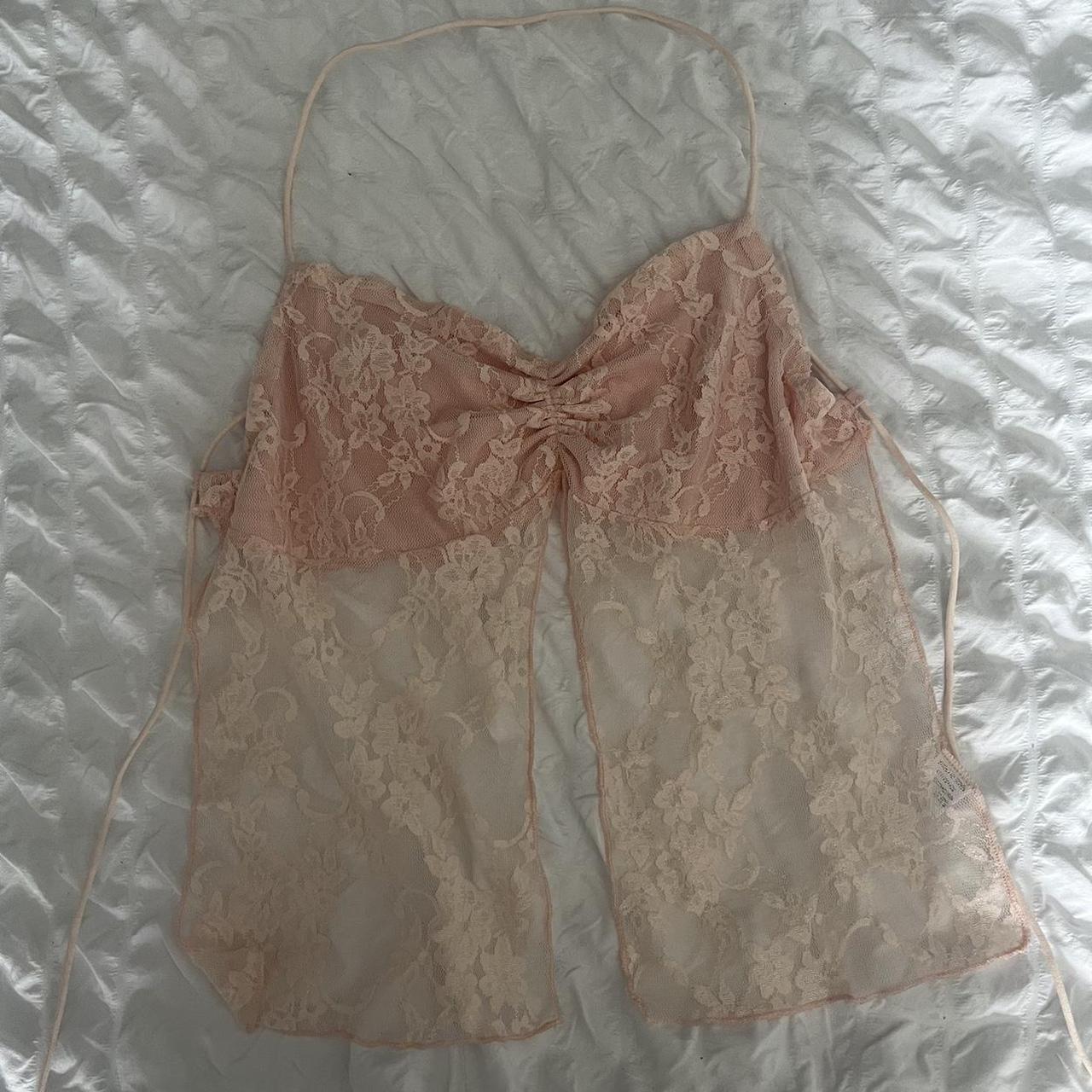 cute pink lace cami/halter neck top with tie up... - Depop