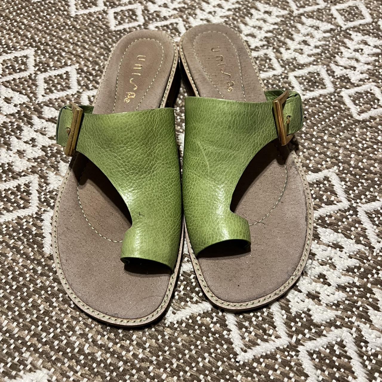 Green sandals with gold buckle detail. Slight heel.... - Depop