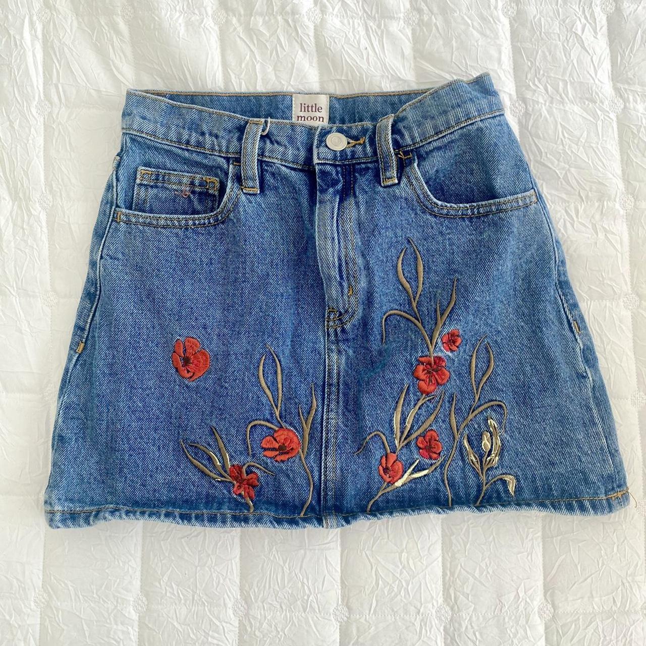 Aritzia embroidered denim mini skirt Size 00 Waist:... - Depop