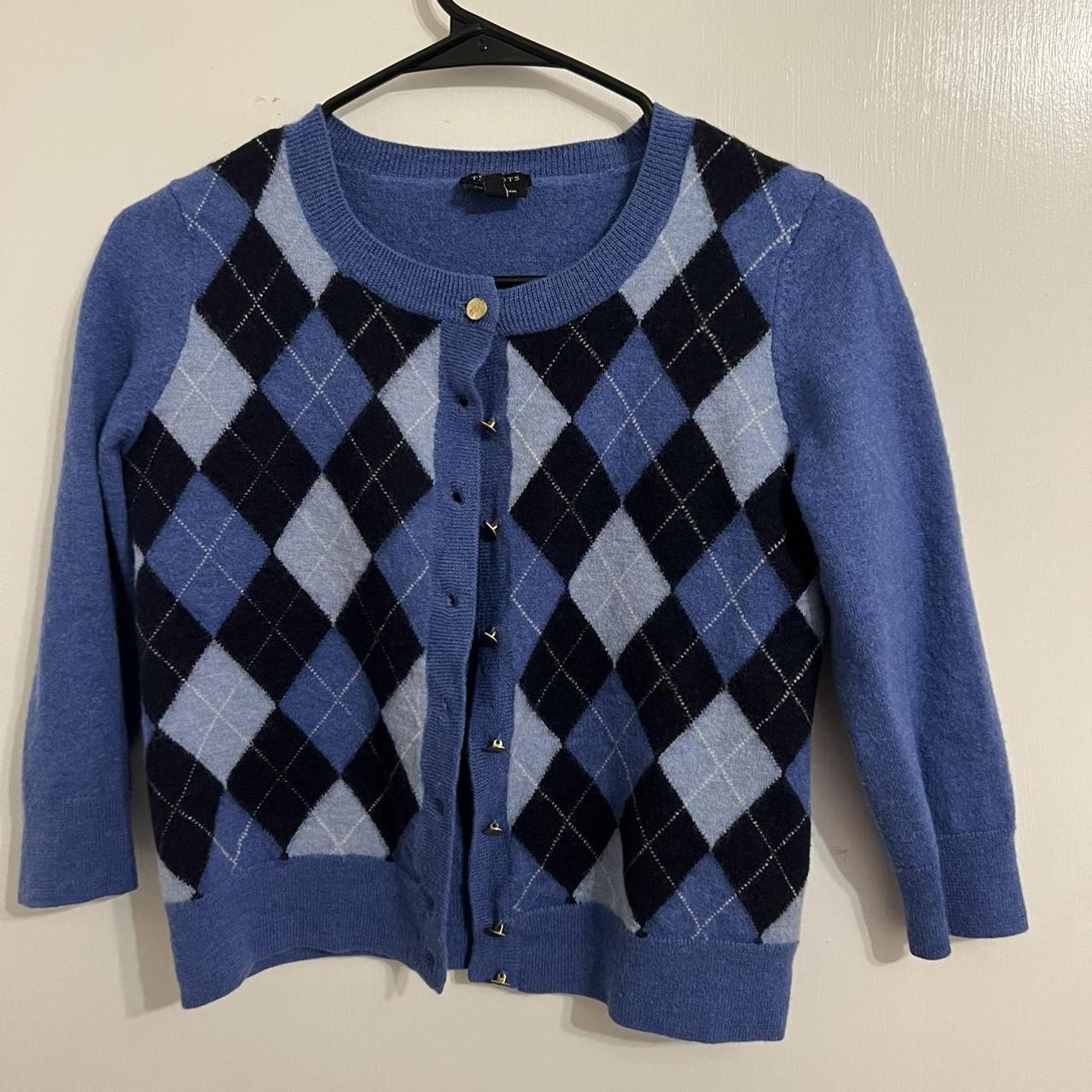 Blue, plaid sweater with gold buttons. Slightly... - Depop