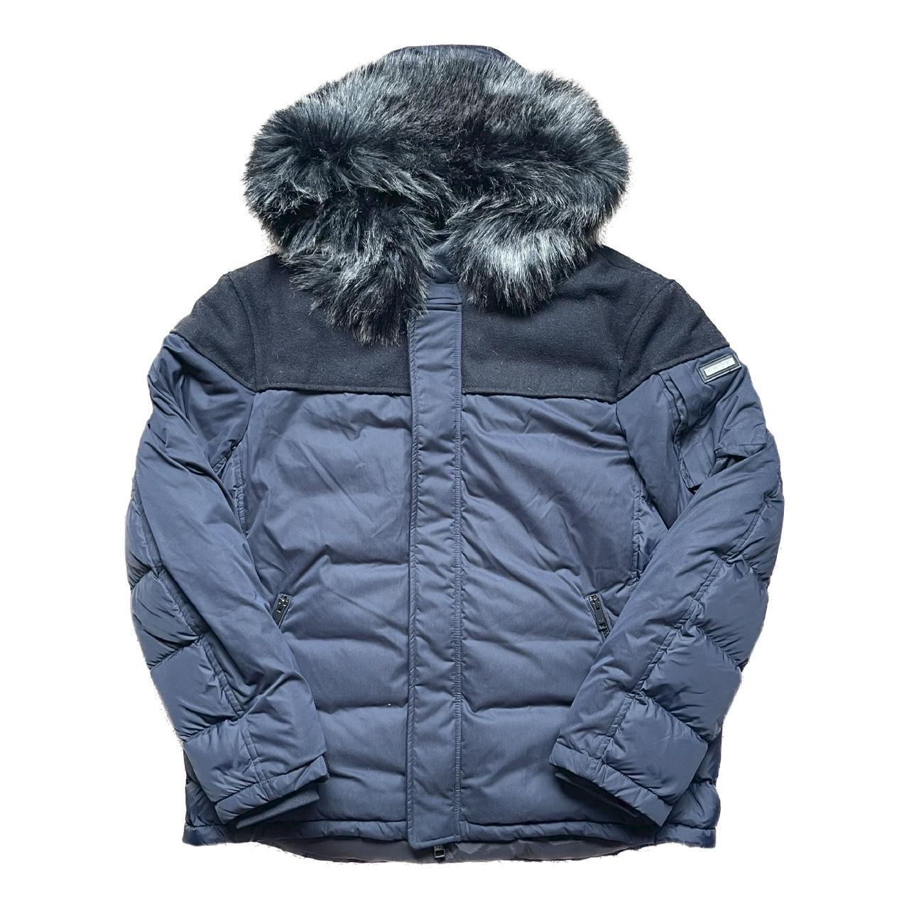 Armani exchange long down parka hot sale with faux fur trim in navy