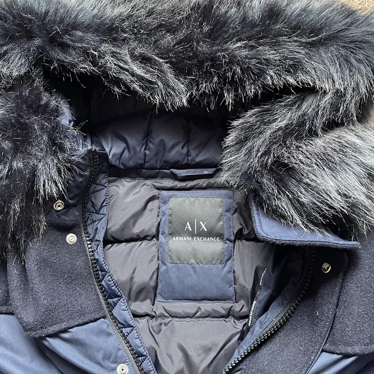 Armani exchange long down parka with faux fur trim online in navy