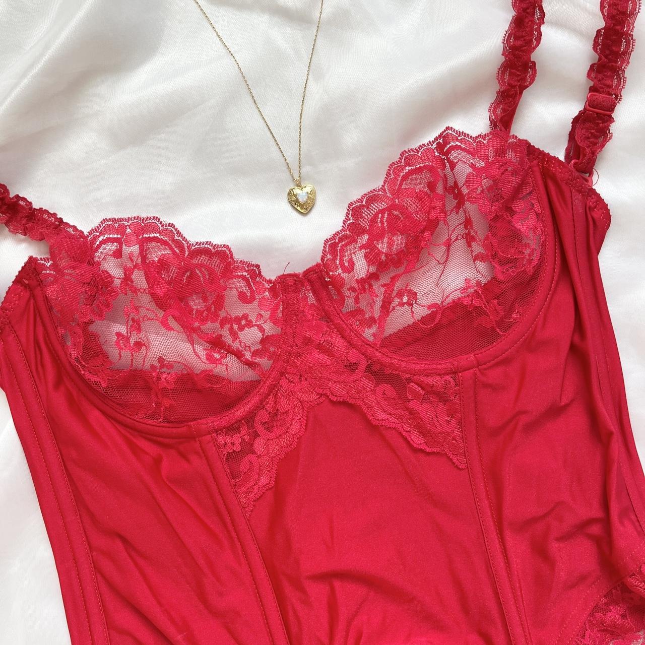 Victoria secret red velvet lace corset Size: - Depop