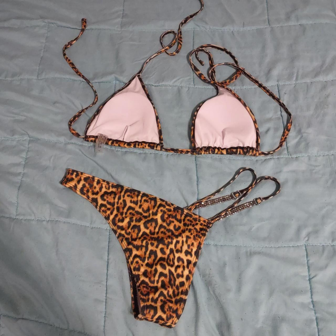 Cheetah Print Bikini Has Gems On Bottoms Straps Size Depop