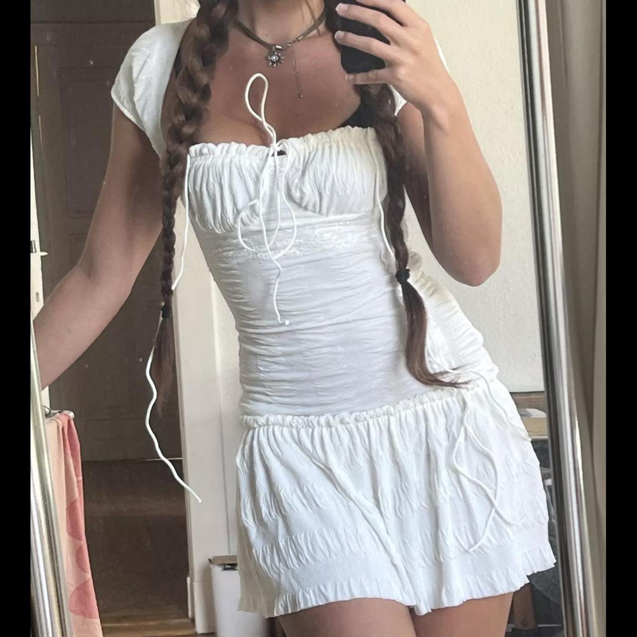 White summer mini dress Ruched mini dress Princess... - Depop