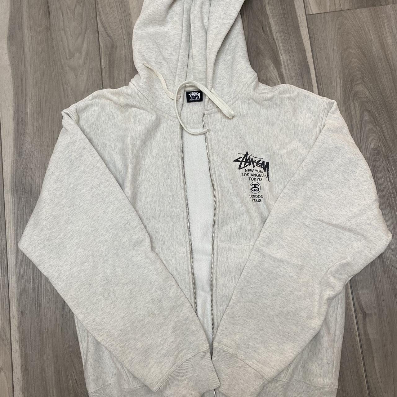 Large Ash Grey World Tour Stussy Zip up hoodie.... - Depop